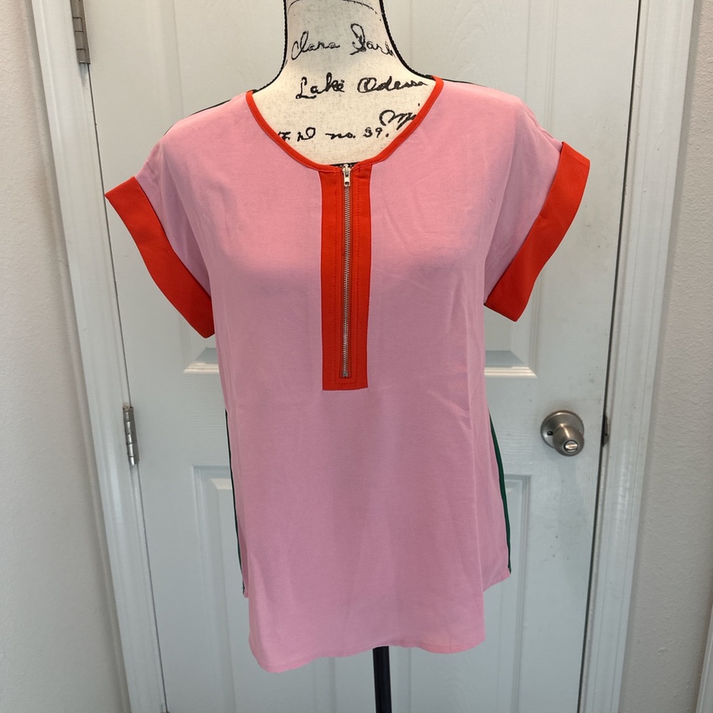No Brand Name Pink Contrast-Trim Short Sleeve Top with Front Zip